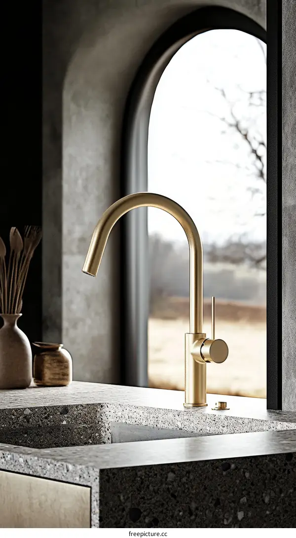 Modern Gold Kitchen Faucet in a Concrete Kitchen