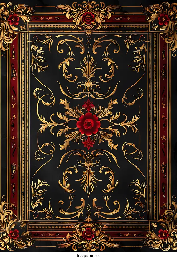 Golden floral pattern with red flowers on black background