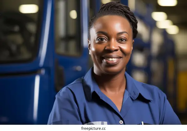 Portrait of a smiling African American woman in a blue uniform standing in a warehouse.
