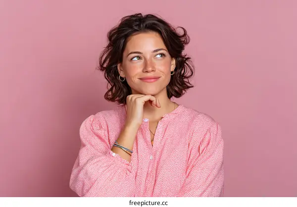 Thoughtful Woman in Pink Top Against Pink Background