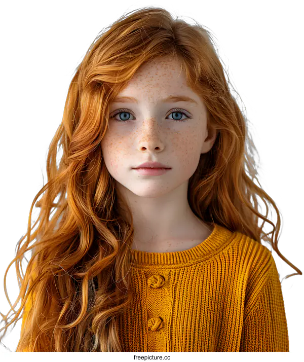 [Transparent Background PNG]Portrait of a Young Girl with Red Hair and Freckles