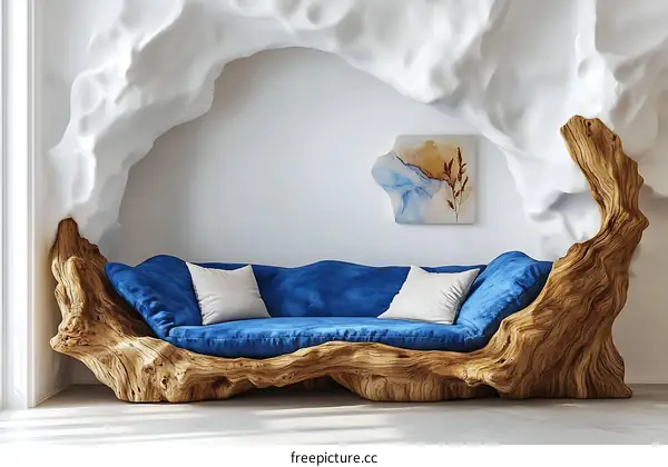 Unique Wooden Sofa with Abstract Wall Decor