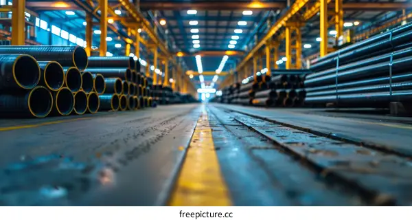 Industrial Factory Interior with Pipes and Yellow Floor Marking