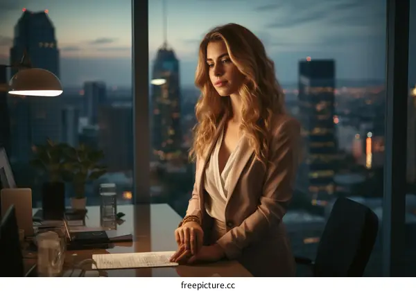 Businesswoman looking out at the city at night from her office window