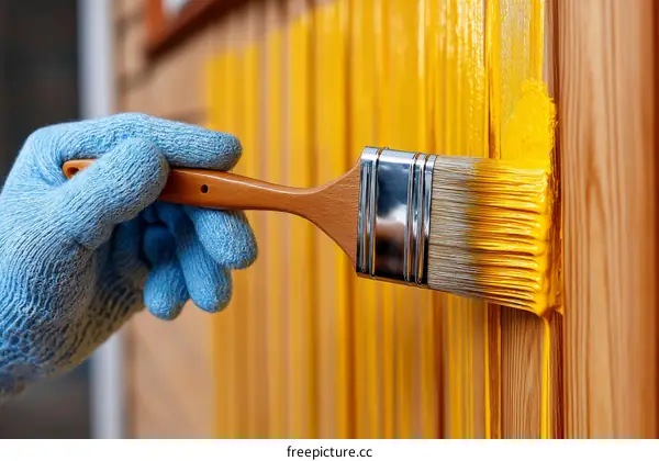Painting Wooden Fence with a Brush and Yellow Paint