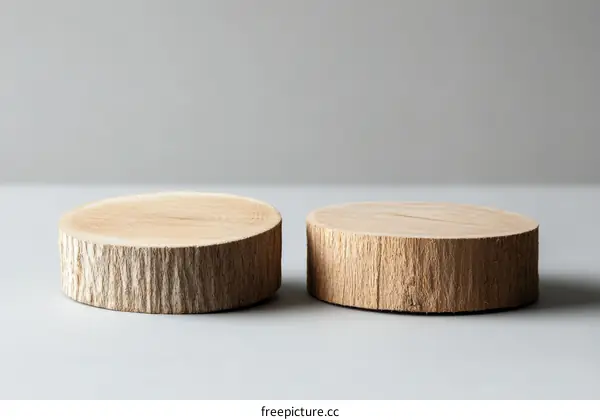 Two Wooden Disc Display Stands on Light Grey Background