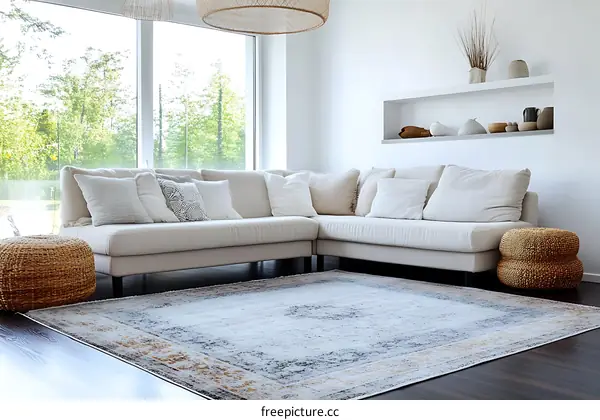 Modern Living Room Interior Design with Beige Sofa and Area Rug