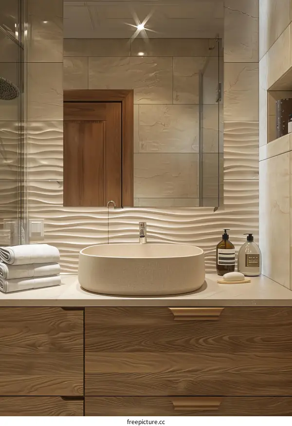 Bathroom interior with ceramic sink and wooden vanity