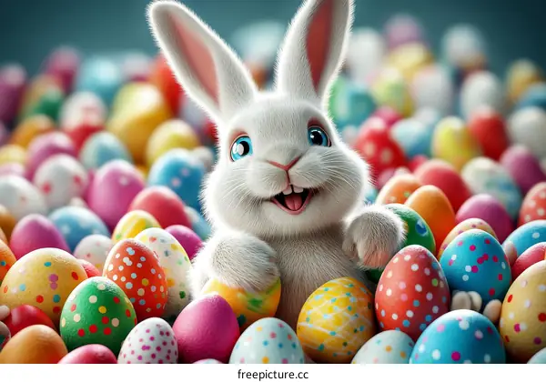Cute Easter Bunny surrounded by colorful eggs