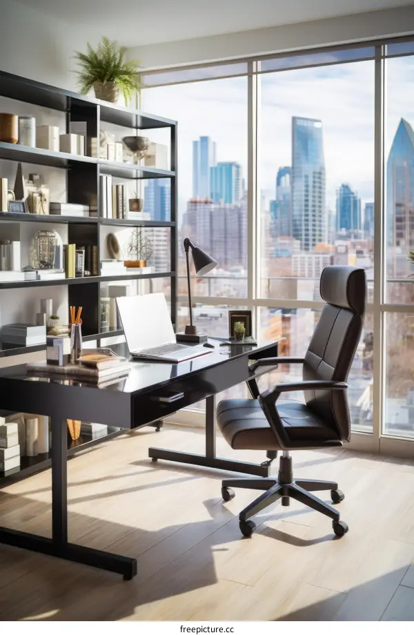 A modern home office with a large window and a view of the city