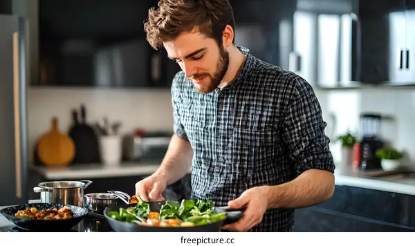 Man Cooking Healthy Food in Kitchen