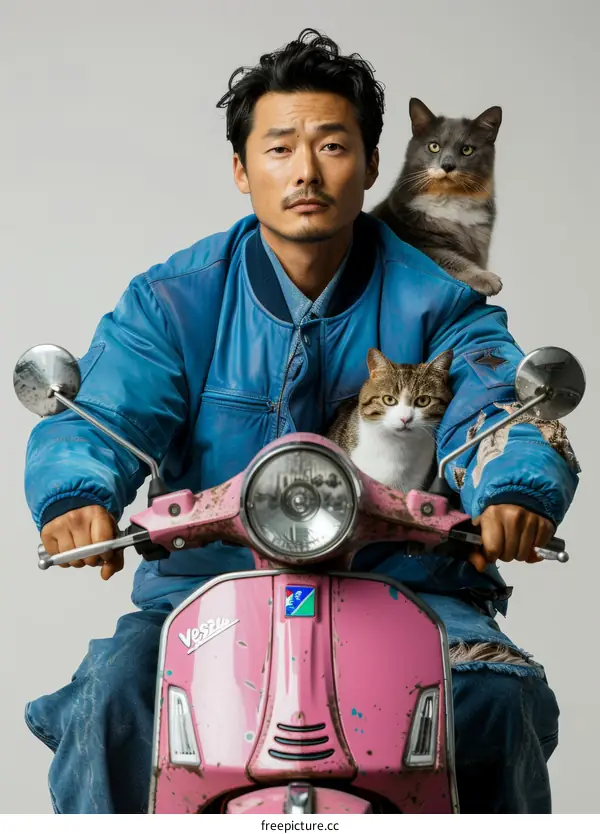 Asian man with cats on a pink Vespa scooter
