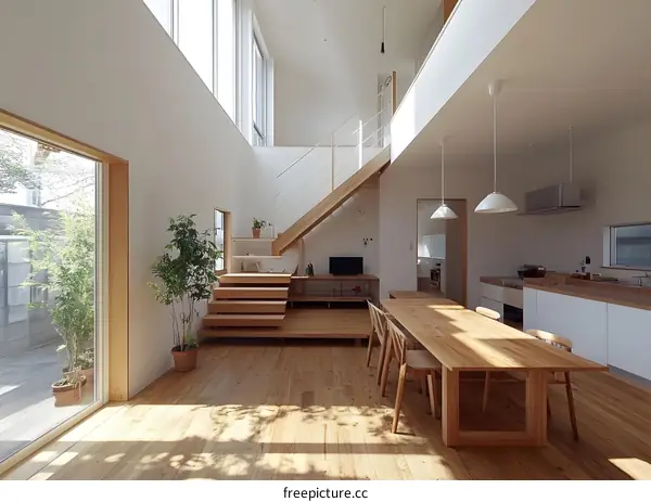 Modern Minimalist Home Interior Design with Open Staircase and Wooden Dining Table