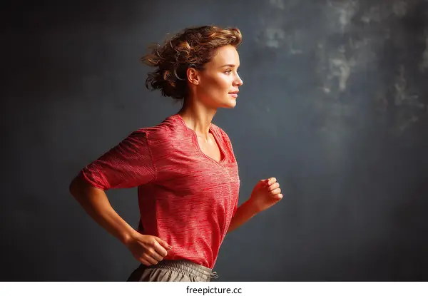 Young woman jogging in red shirt against dark background