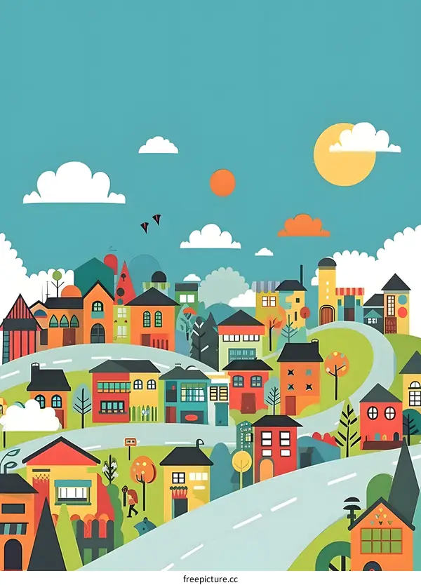 Colorful Illustration of a Small Town with Houses and Winding Road