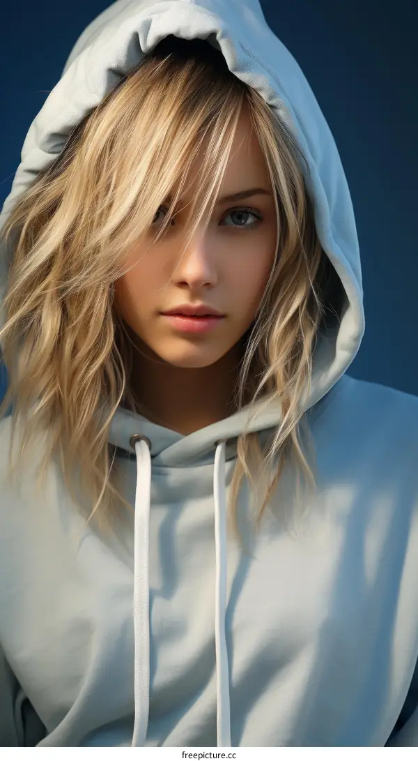 Portrait of a young blonde woman in a gray hoodie