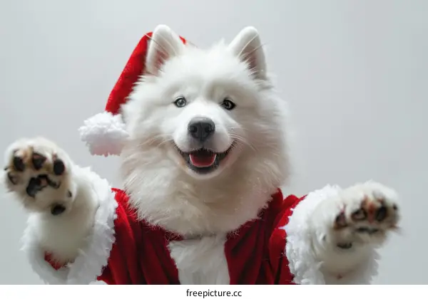 Samoyed dog wearing a Santa hat