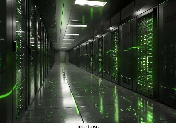 Futuristic Green Server Room with Cutting-Edge Technology