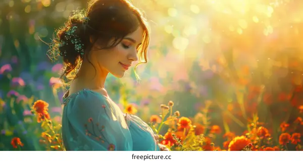 Beautiful Woman in a Field of Flowers at Sunset