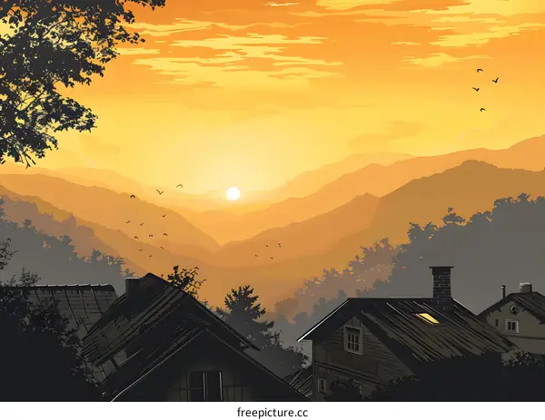 Sunset Over Mountain Landscape With Houses