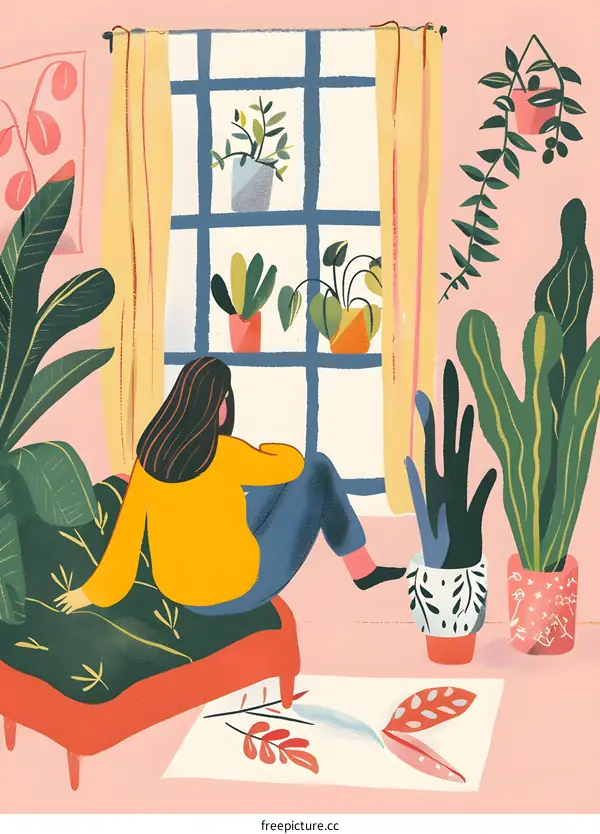 Woman Sitting by Window with Plants Illustration
