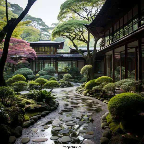 Zen Serenity in a Traditional Japanese Garden with House