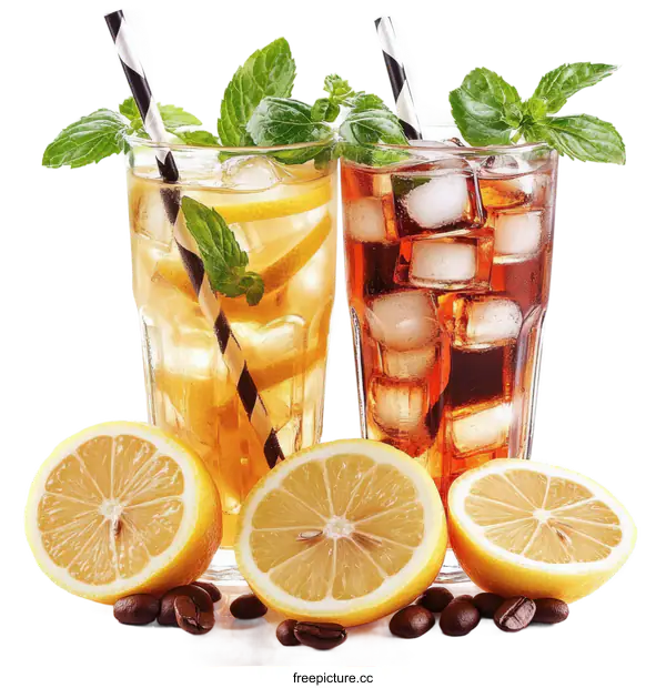 [Transparent Background PNG]Iced Tea and Iced Coffee Drinks with Lemon and Mint