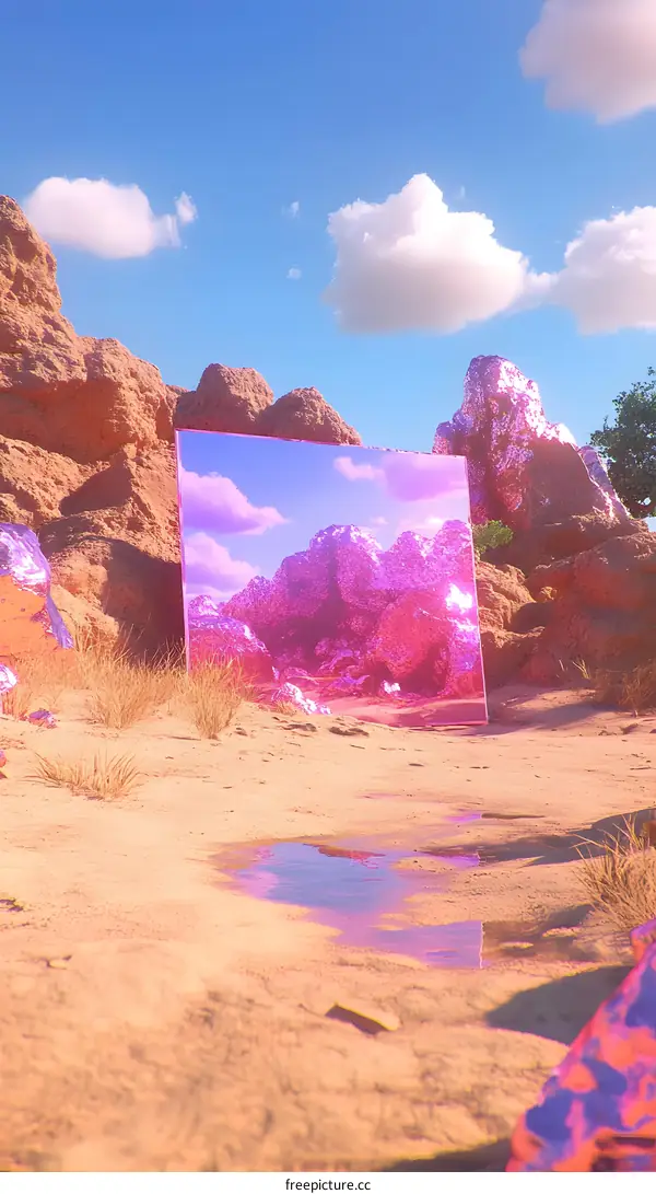 Pink Desert Landscape with Mirror Reflection