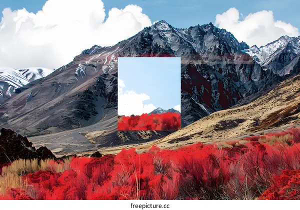 Mountain Landscape with Red Bushes and a Square Window View