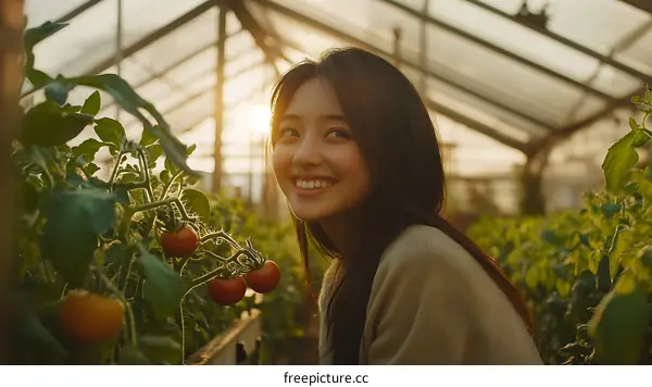 Asian Woman in Greenhouse with Tomatoes