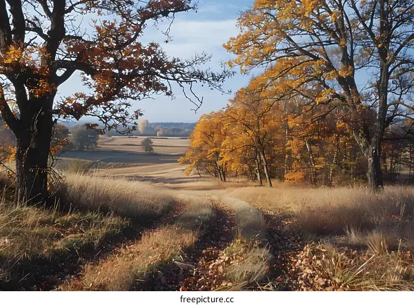 Autumn Trees Landscape Path Field
