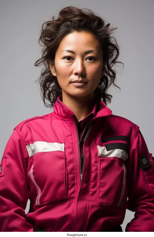 Portrait of a young Asian woman in a pink jumpsuit