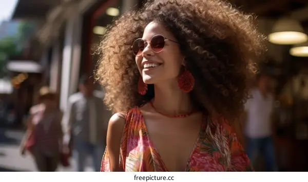 Portrait of a smiling woman with frizzy hair wearing sunglasses