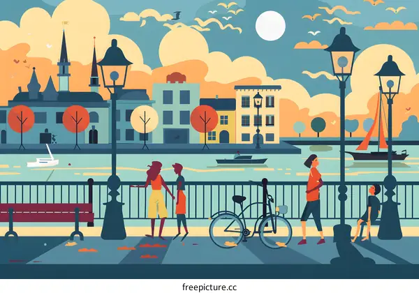 Colorful Illustration of a City Waterfront with People