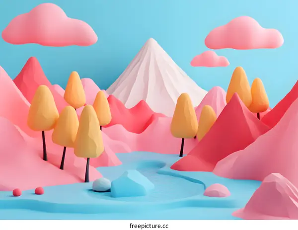 3D Cartoon Landscape with Pink Mountains and a Blue Lake