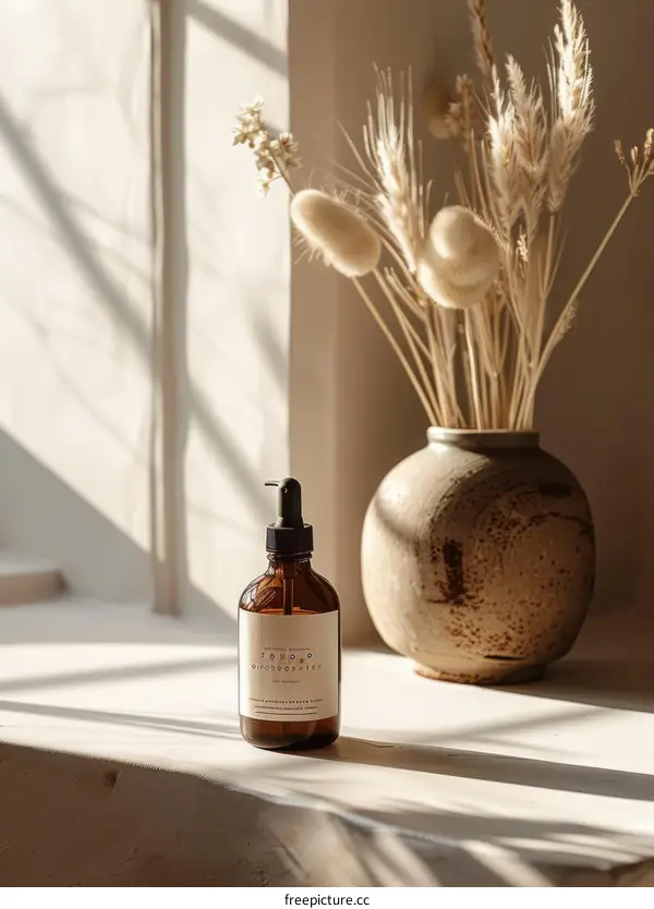 A brown glass bottle of hand sanitizer sits on a white table next to a vase of dried flowers.