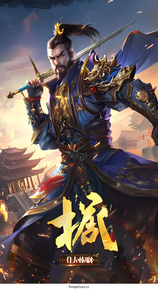 Warrior with Sword and Dragon Armor in Fantasy World