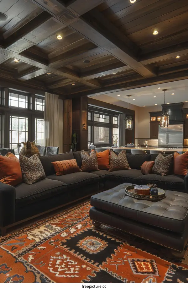 Modern living room interior with wood ceiling and large sofa