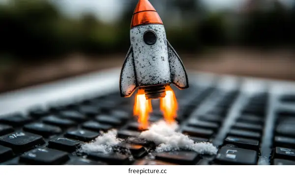 Rocket Launching from Laptop Keyboard Startup Concept