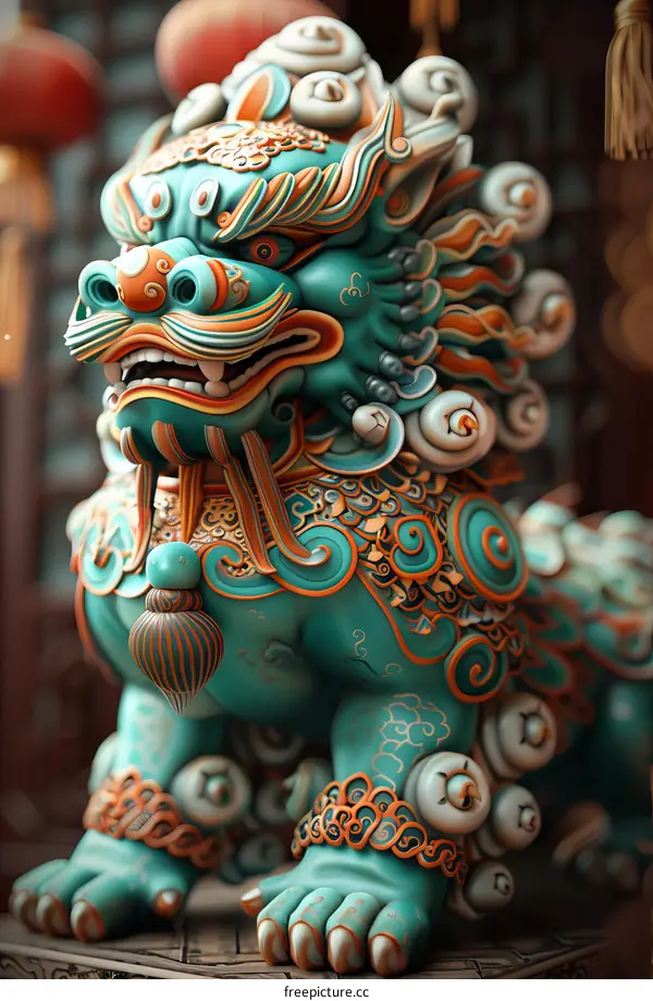 Chinese Guardian Lion Statue in Teal and Orange