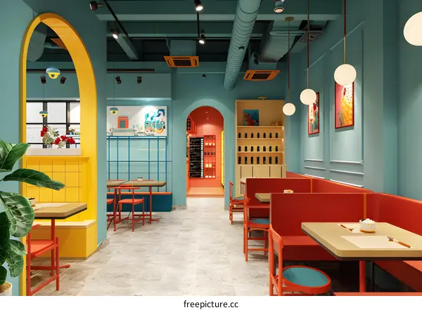 Interior Design of a Modern Restaurant with Colorful Walls and Arched Doorways