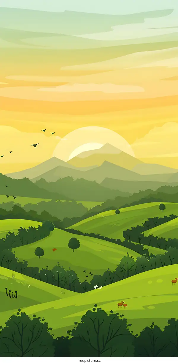 Green Hills and Mountains Scenic Sunset Landscape Illustration