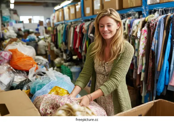 Woman Sorting Clothes in a Donation Center