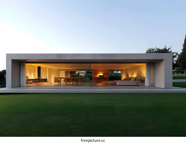 Modern Concrete House with Glass Walls and a Green Lawn