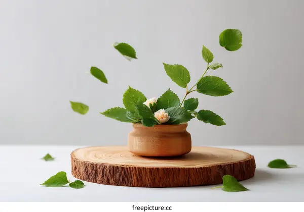 Natural Arrangement of Leaves and Flowers in Wooden Pot