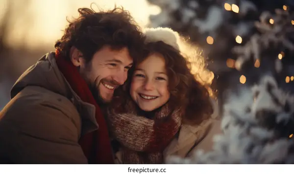 Father and daughter hugging in front of a Christmas tree