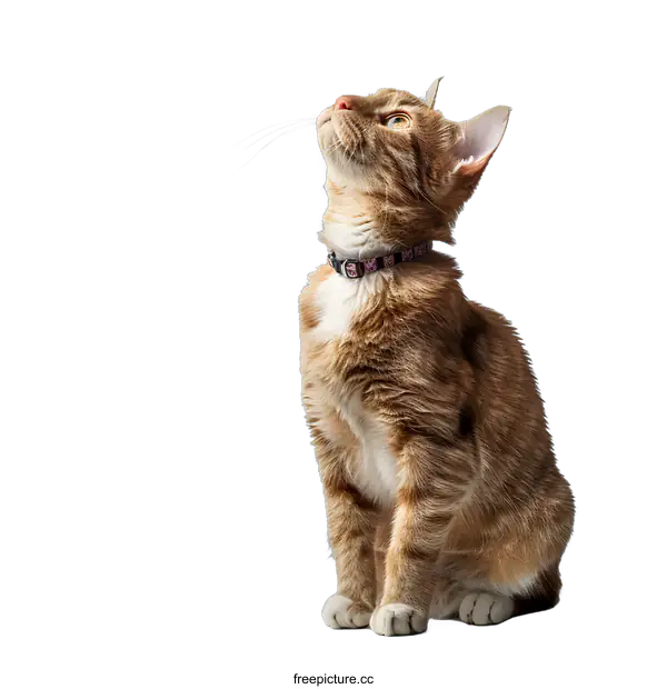 [Transparent Background PNG]Orange Tabby Cat Looking Up Wearing a Pink Collar