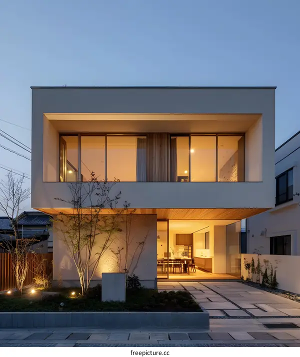 Modern Minimalist House Exterior Design with Warm Lighting