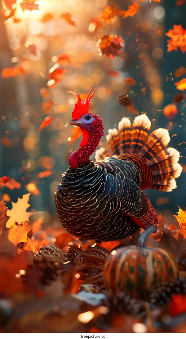 A turkey standing next to fallen leaves and a pumpkin