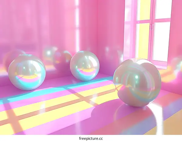 Three reflective balls in a room with a window